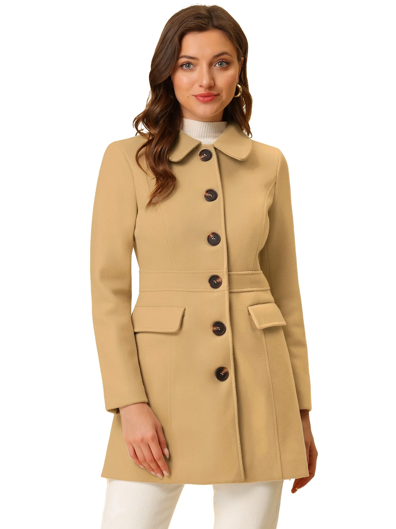Peter Pan Collar Flap Pocket Single Breasted Button Long Coat sold by Allegra K product image thumbnail 2