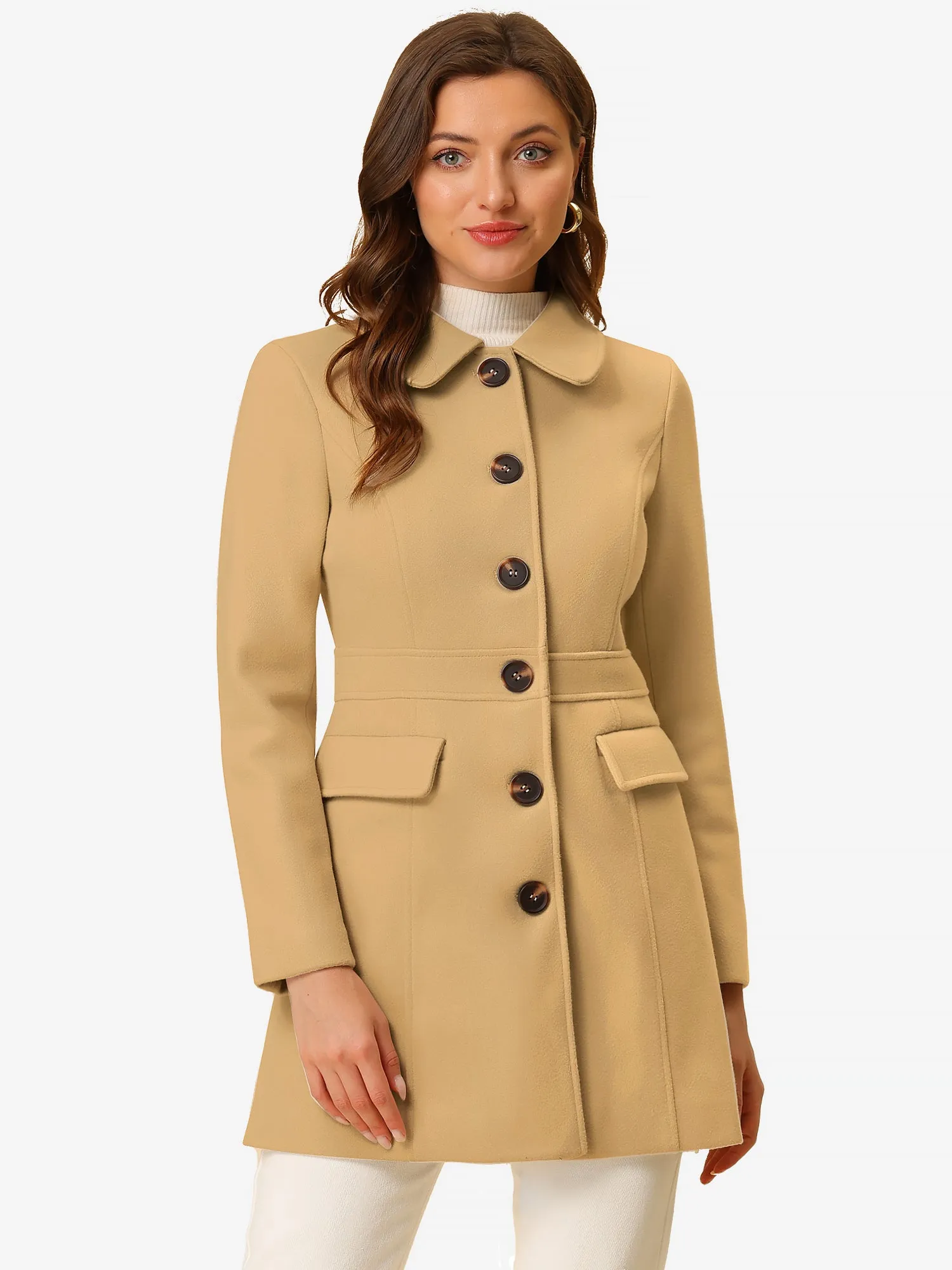 Peter Pan Collar Flap Pocket Single Breasted Button Long Coat sold by Allegra K