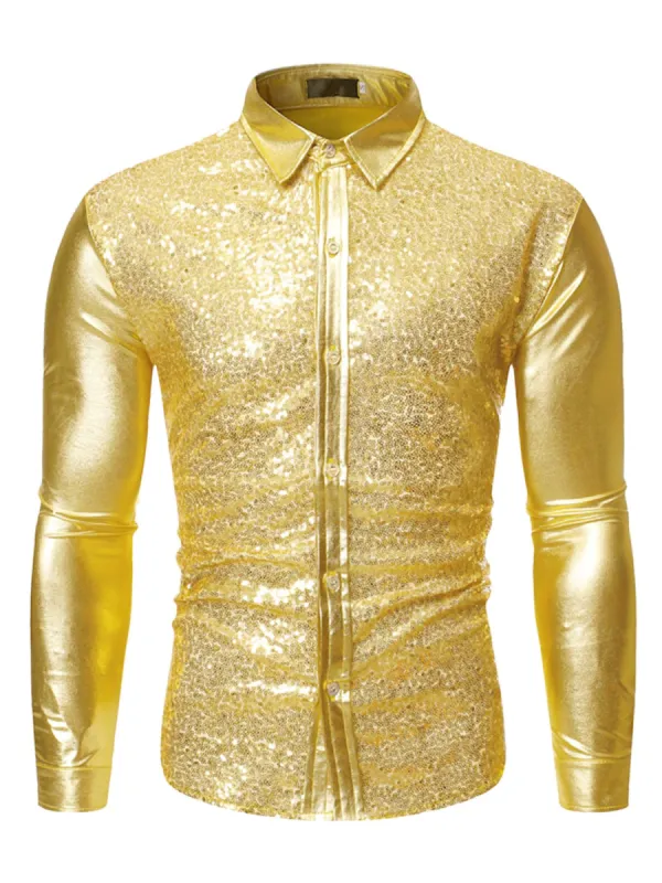 Men's Shiny Sequins Shirt Slim Fit Long Sleeves Button Down Disco Party Shirt sold by Allegra K