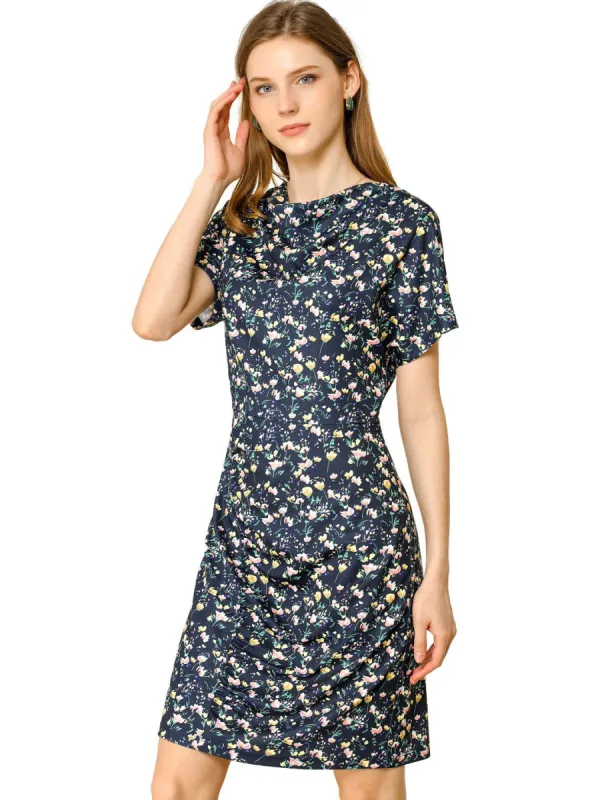 Women's Floral Print Cowl Neck Short Sleeve Ruched Sheath Dress sold by Allegra K