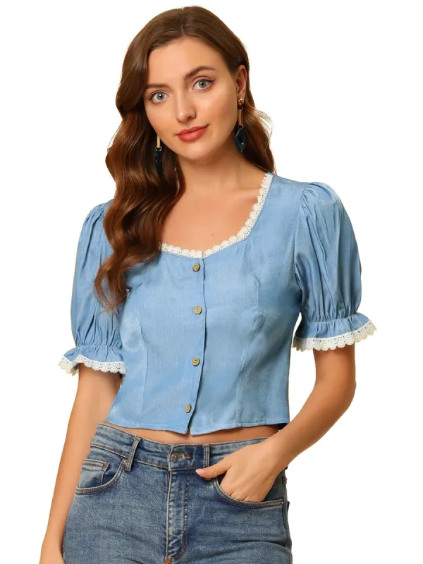 Women's Square Neck Blouse Lace Panel Button Front Shirt Elegant Tops sold by Allegra K
