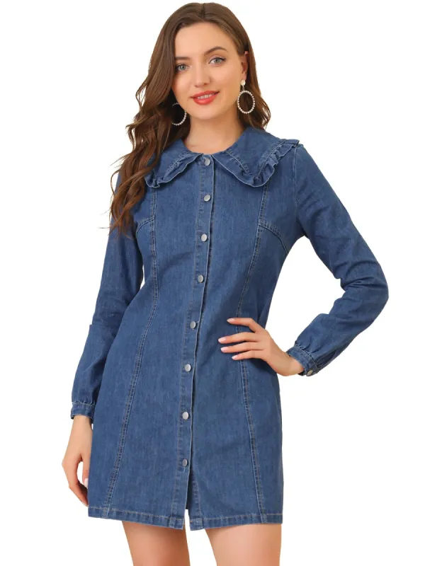 Women's Peter Pan Collar Button Down A-Line Long Sleeve Denim Dress sold by Allegra K