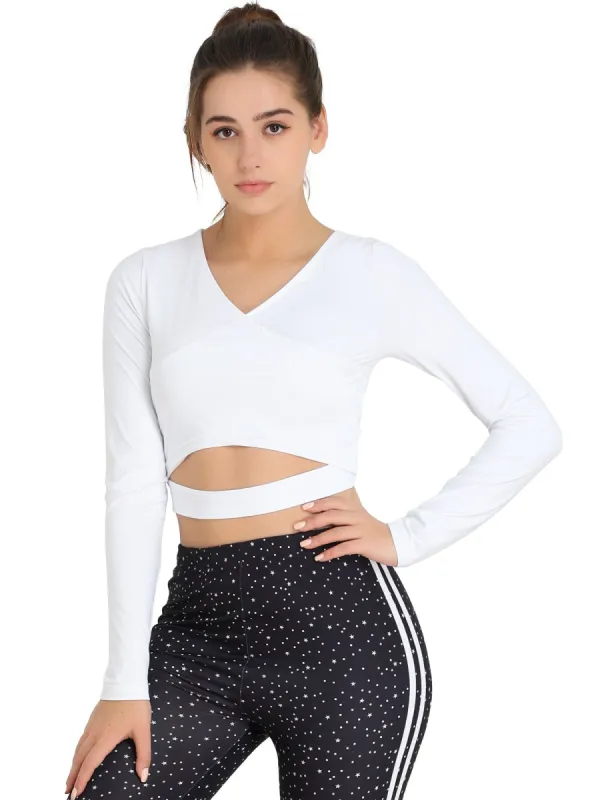 Women's V Neck Solid Color Long Sleeve Slim Fit Crop Athleisure Yoga Top sold by Allegra K
