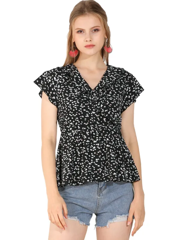 Women's Casual Ruffle Neck Faux Wrap Ditsy Floral Peplum Top sold by Allegra K