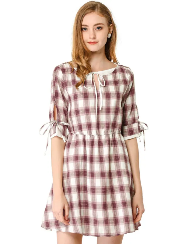 Women's Plaid Tie Keyhole Neck Half Sleeves Lined Dress sold by Allegra K