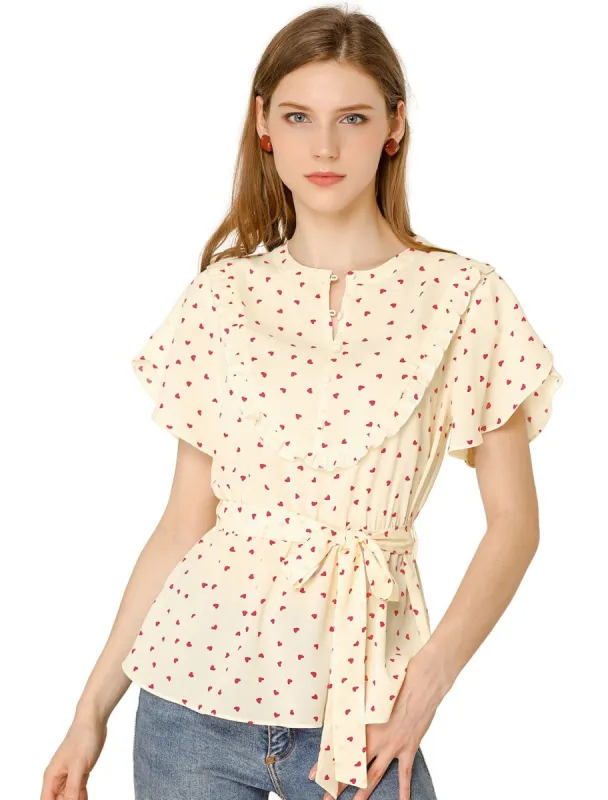 Women's Chiffon Belted Ruffle Heart Print Blouse sold by Allegra K