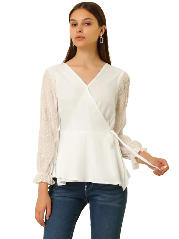 Women's Bow Tie Waist Blouse Puff Swiss Dots Semi-sheer Long Sleeve V Neck Chiffon Wrap Top sold by Allegra K