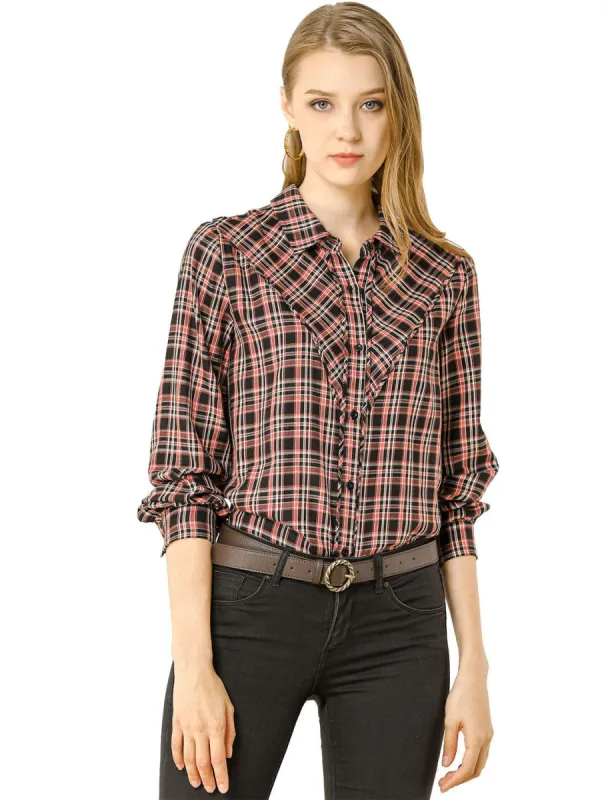 Women's Work Plaid Button Up Spread  Yoke Long Sleeve Office Shirt sold by Allegra K