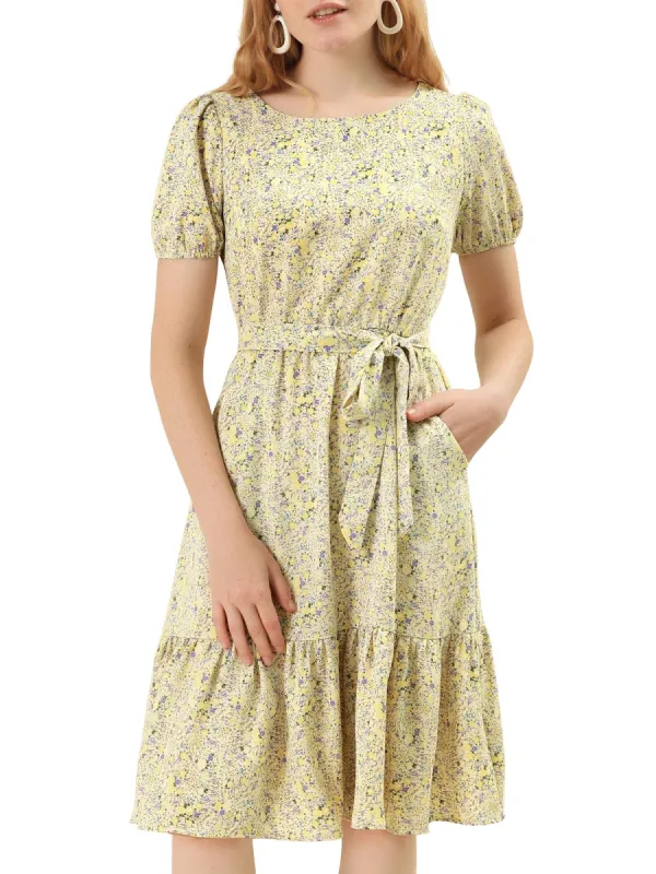 Women's Floral Print Short Sleeve Dresses Belted Ruffle Hem Dress with Pockets sold by Allegra K
