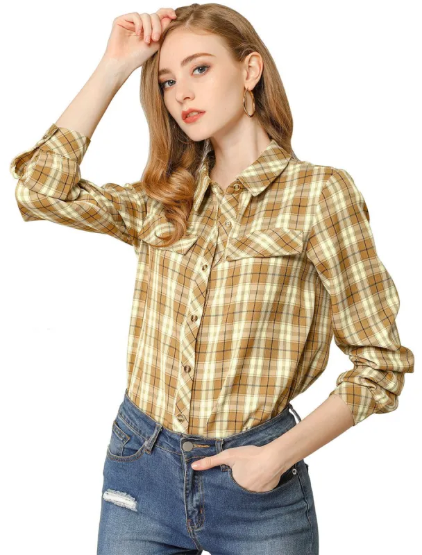 Women's Vintage Collared Long Sleeve Button Front Tartan Buffalo Plaid Shirts sold by Allegra K