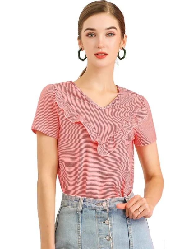 Women's Ruffle V Neck Casual T-shirt Striped Short Sleeve Tops sold by Allegra K