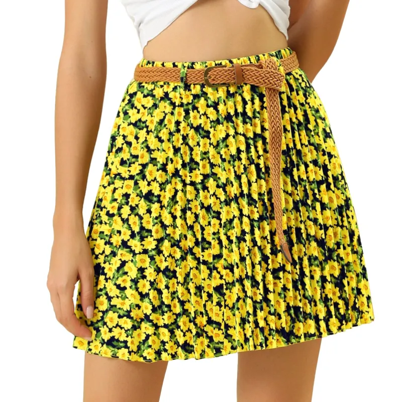 Women's Vintage Mini A-Line Elastic Waist with Belt Floral Pleat Skater Skirt sold by Allegra K