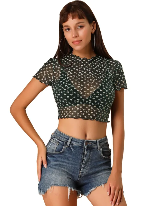 Women's Daisy Floral Blouse Casual Ruffle Neckline Crop Tops sold by Allegra K