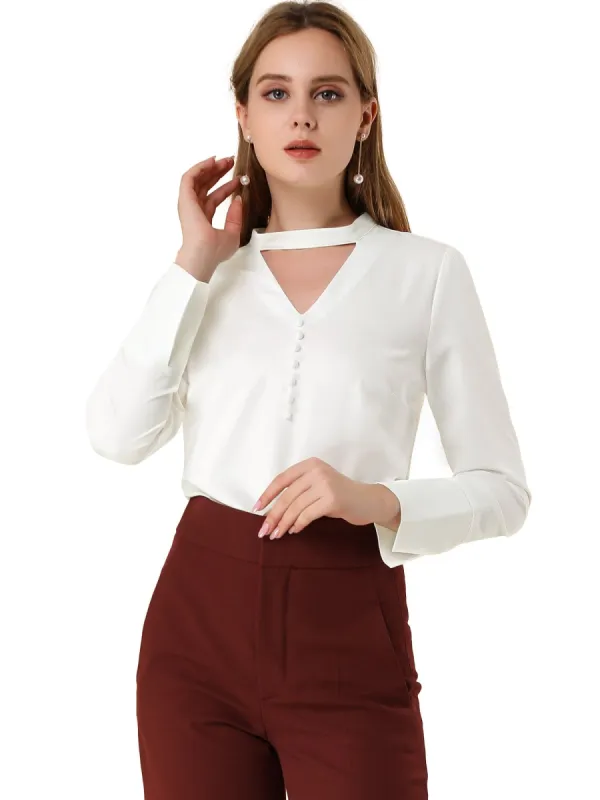 Women's Keyhole Stand Collar Blouse Long Sleeve Button Front Work Shirt Top sold by Allegra K