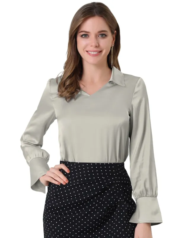 Women's Turndown Collar V Neck Solid Long Sleeve Office Work Blouse sold by Allegra K