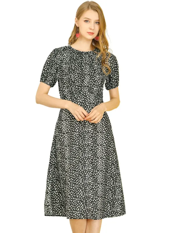 Women's Gathering Round Neck Dress Short Sleeve Elastic Cuff Tie Strap Back Dresses sold by Allegra K