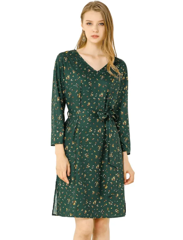 Women's Floral Belted 3/4 Sleeve V Neck Ruched Chiffon Midi A-Line Dress sold by Allegra K