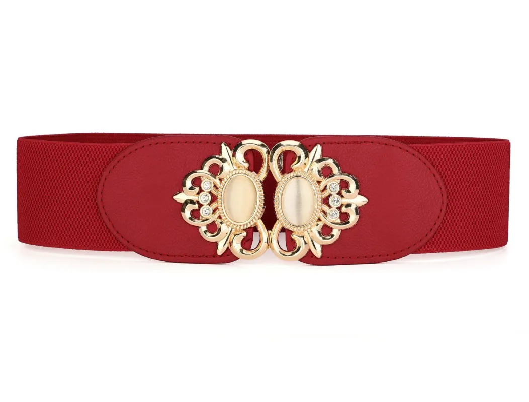 Lady Faux Leather Beaded Rhinestone Inlaid Elastic Waist Belt sold by Allegra K