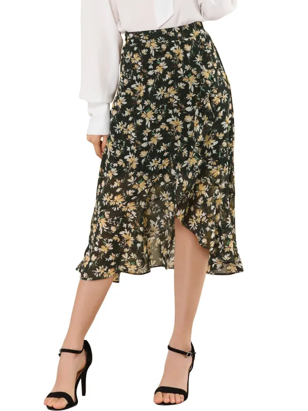 Women's Floral High Waist Faux Wrap Ruffle Midi Skirt sold by Allegra K