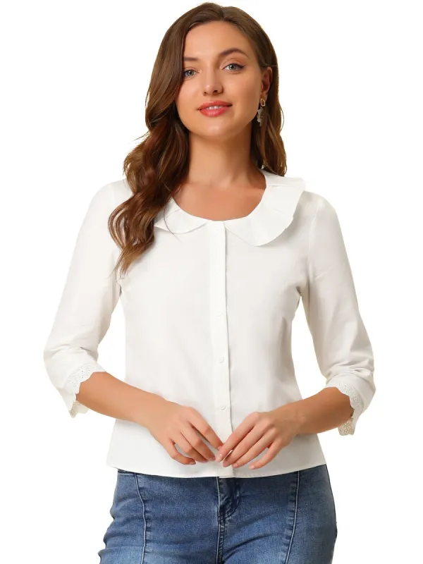 Women's Peter Pan Collar Elegant Top 3/4 Sleeve  Button Front Work Shirt sold by Allegra K