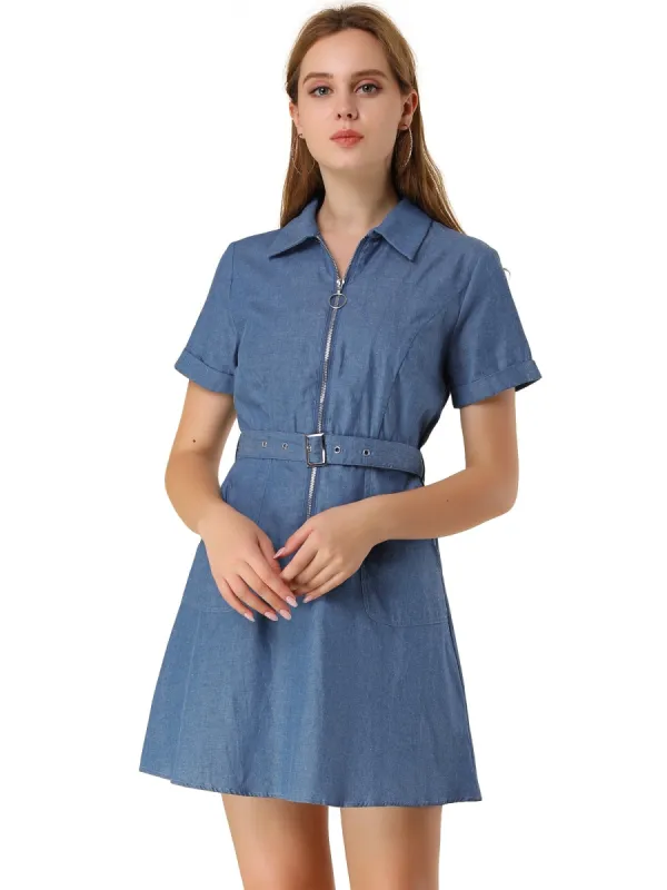 Women's Casual Washed Cotton Slit Pocket Denim Dress with Belt sold by Allegra K