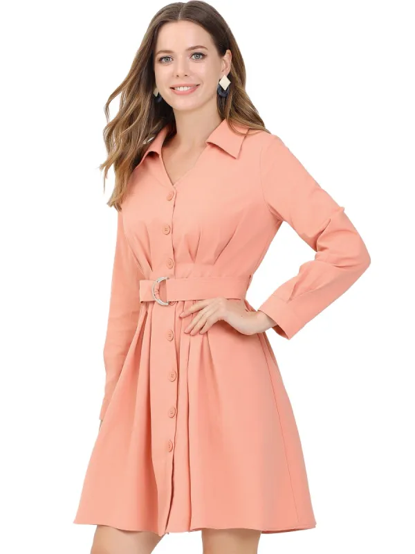 Women's Cotton Turndown Collar V Neck Shirt Dress with Belt sold by Allegra K