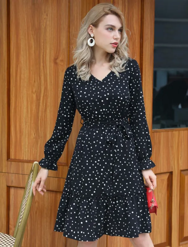 Women's Chiffon Ruffle V Neck Puff Sleeves Dots Print Belted Dress sold by Allegra K