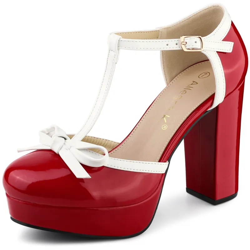 Women's Platform Bow T Strap Chunky Heels Pumps made by Allegra K