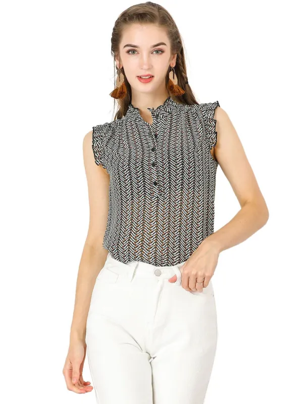 Women's Summer Floral Print Top Button Up Ruffle Sleeveless Blouse sold by Allegra K