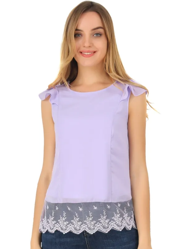 Women's Chiffon Lace Blouse Round Neck Cap Sleeve Summer Top Shirt sold by Allegra K