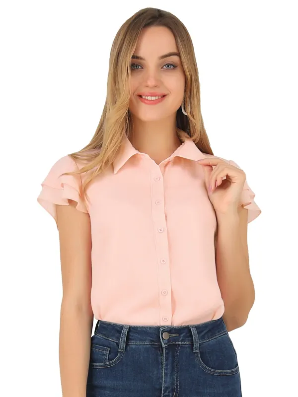 Women's Chiffon Top Blouse Turn Down Collar Layers Short Sleeve Button Up Shirt sold by Allegra K