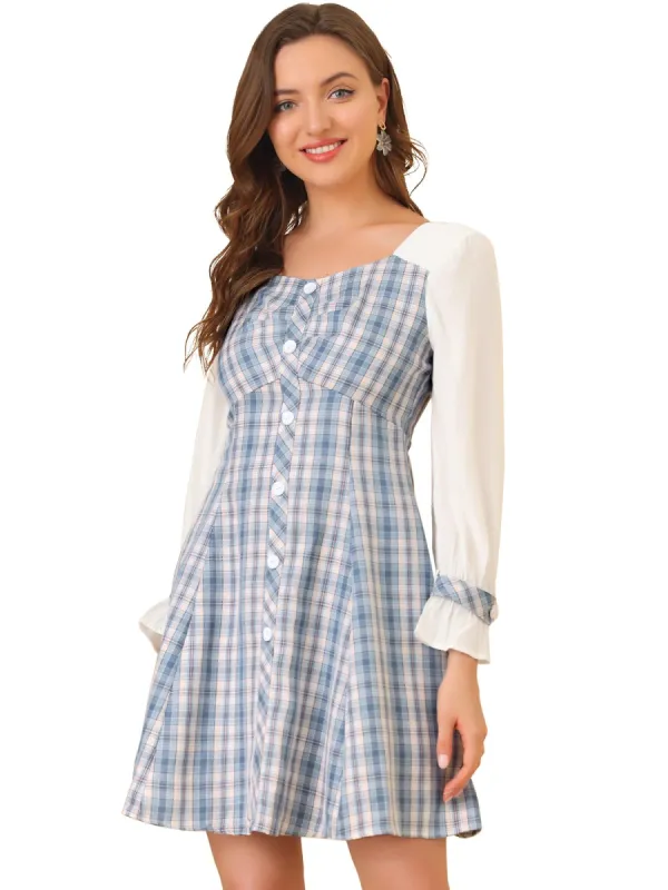 Women¡¯s Plaid Sweetheart Neck Elegant Button Decor A-Line Mini  Dress sold by Allegra K