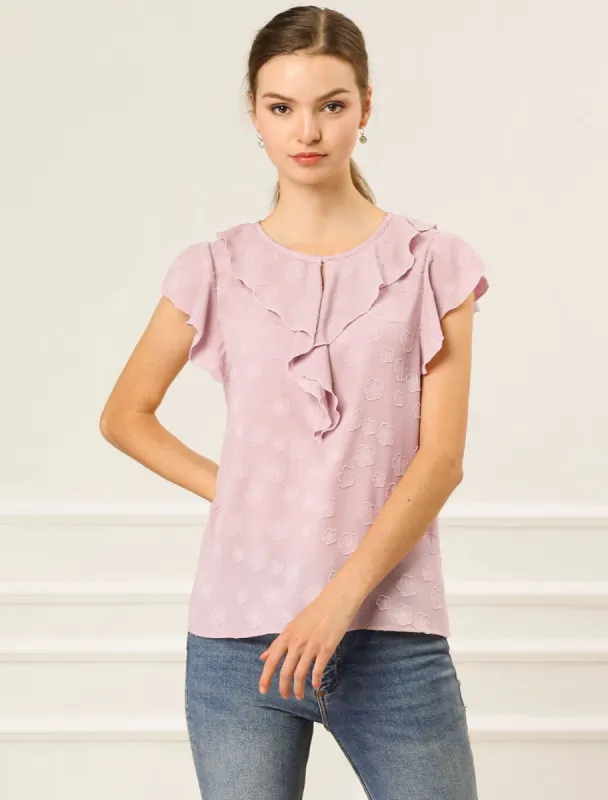 Women's Flutter Sleeve Elegant Ruffle Neck Blouse Floral Vintage Top sold by Allegra K