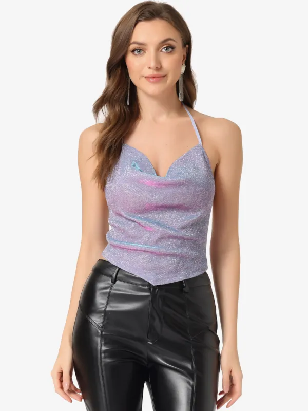 Halter Glitter Cowl Neck Draped Clubwear Backless Crop Cami Tops sold by Allegra K