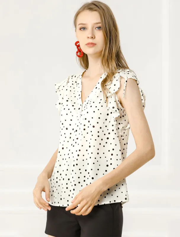 Polka Dot Ruffle Chiffon V Neck Cap Sleeve Summer Blouse sold by Allegra K