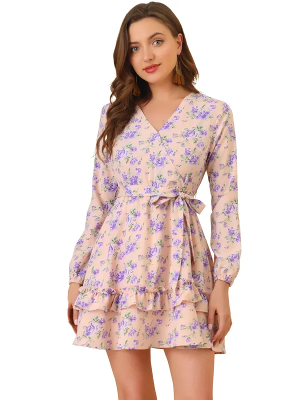 Women's Tiered Ruffle Hem 3/4 Sleeve Tie Waist Floral Dress sold by Allegra K