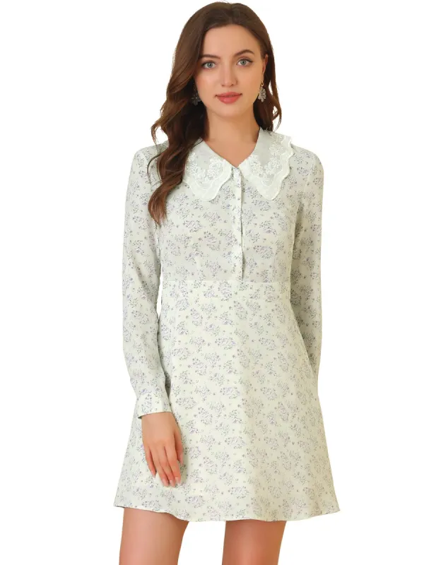 Women's Peter Pan Collar Long Sleeve Half Placket Floral Dress sold by Allegra K