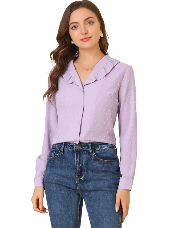 Women's Swiss Dots Puff Sleeve Button Front Ruffled Collared Shirt sold by Allegra K