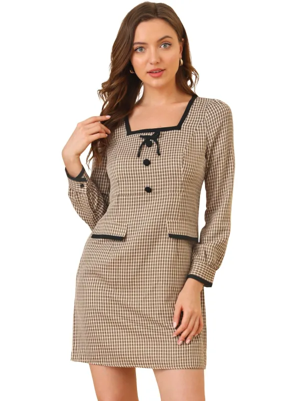 Women's Contrast Trim Bow Tie Square Neck Button Decor Puff Long Sleeve Retro Plaid Mini Dress made by Allegra K