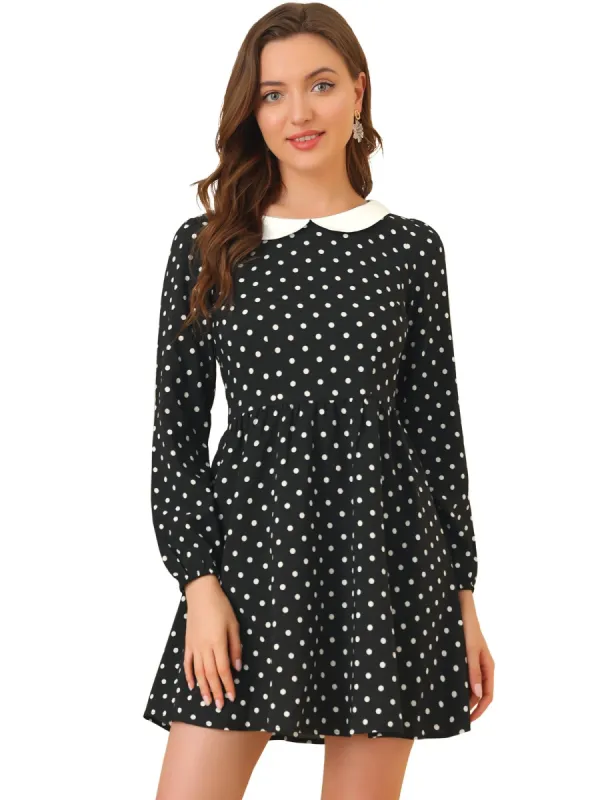 Women's Retro Polka Dots A-Line Long Sleeve Contrast Peter Pan Collar Short Dress sold by Allegra K