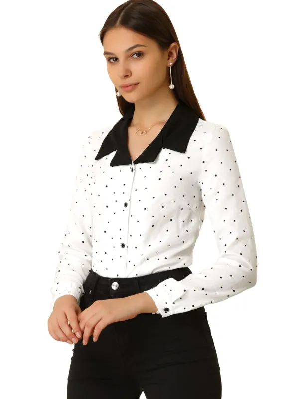Women's Vintage Contrast Collar Button UP Polka Dots Shirt sold by Allegra K