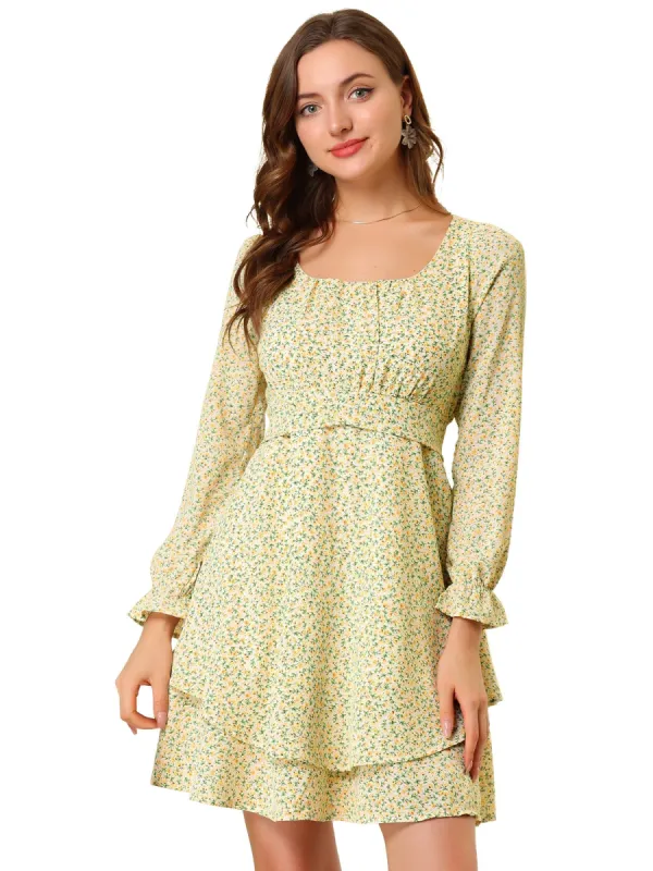 Women's Ruched Front Puff Long Sleeve Floral Tiered Dress sold by Allegra K