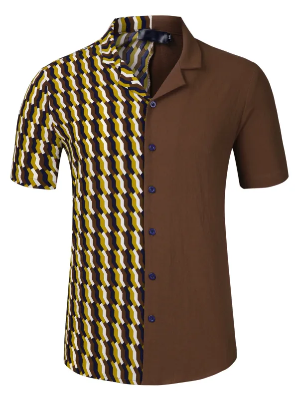 Men's Printed Patchwork Short Sleeve Button Down Casual Summer Striped Shirt sold by Allegra K