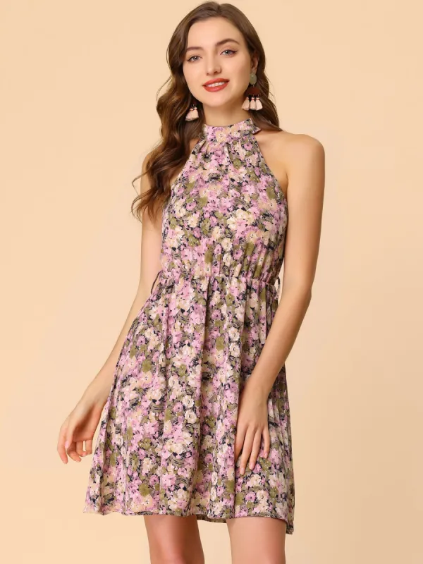 Floral Sleeveless Halter Neck Belted Elastic Waist Dress sold by Allegra K