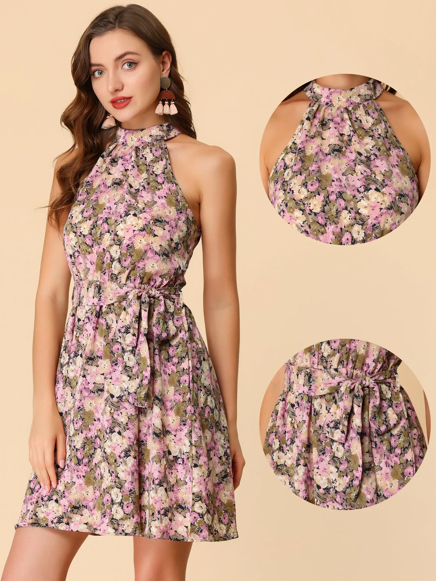 Floral Sleeveless Halter Neck Belted Elastic Waist Dress sold by Allegra K product image thumbnail 2