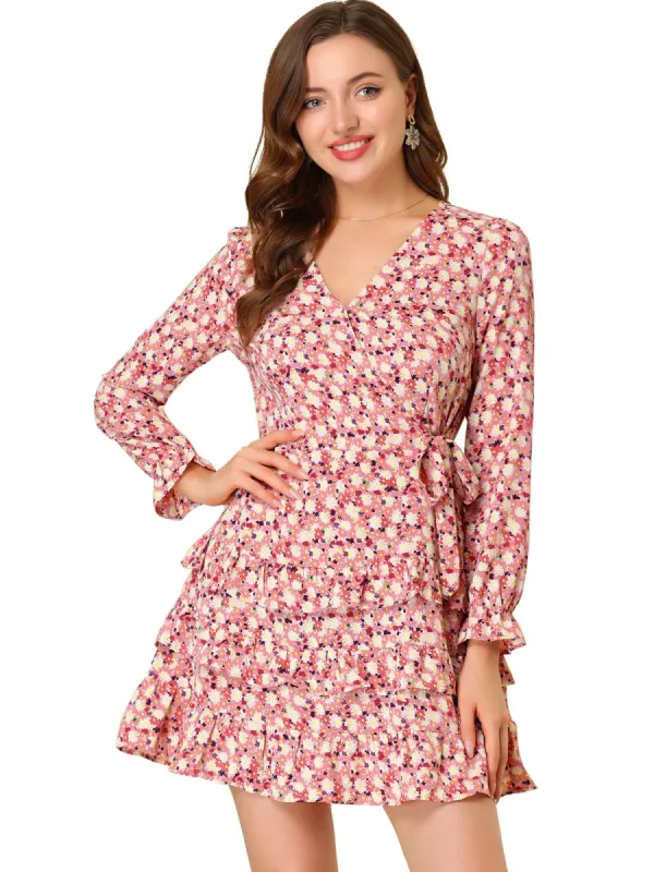 Women's Floral V-Neck Tie Waist Long Sleeve Layered Ruffle Hem Dress sold by Allegra K