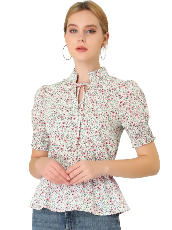 Women's Ruffle Neck Tie Front Smocked Floral Peplum Top sold by Allegra K