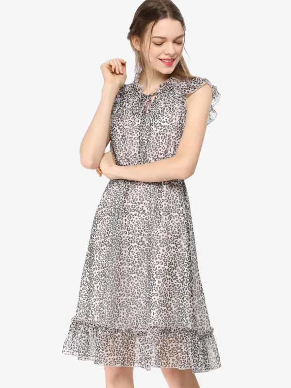 Smocked Waist Sleeveless Leopard Ruffle Chiffon Dress sold by Allegra K