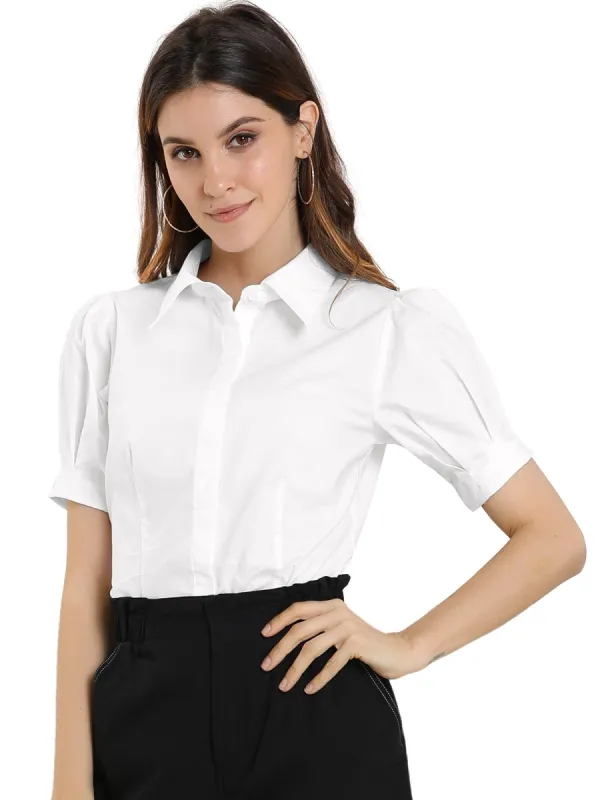 Women's Puff Sleeve Collared Cotton Work Office Button Down Shirt sold by Allegra K