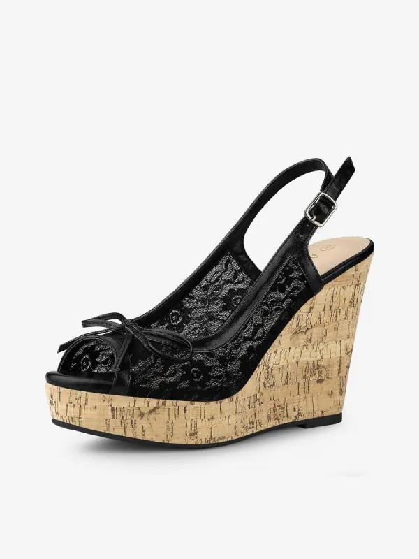 Lace Open Toe Platform Wedge Heel Bow Decor Sandals sold by Allegra K